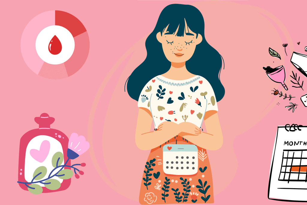 A serene, sun-dappled meadow with lush, verdant grasses and vibrant wildflowers. In the foreground, a woman sits cross-legged, her eyes closed in meditation, as she applies a compress of soothing herbs to her lower abdomen. Surrounding her, various natural remedies are arranged - chamomile tea, a hot water bottle, a bundle of lavender. The scene exudes a sense of tranquility and natural healing, inviting the viewer to discover natural ways to alleviate menstrual discomfort. صحتكِ في فترة الدورة الشهرية