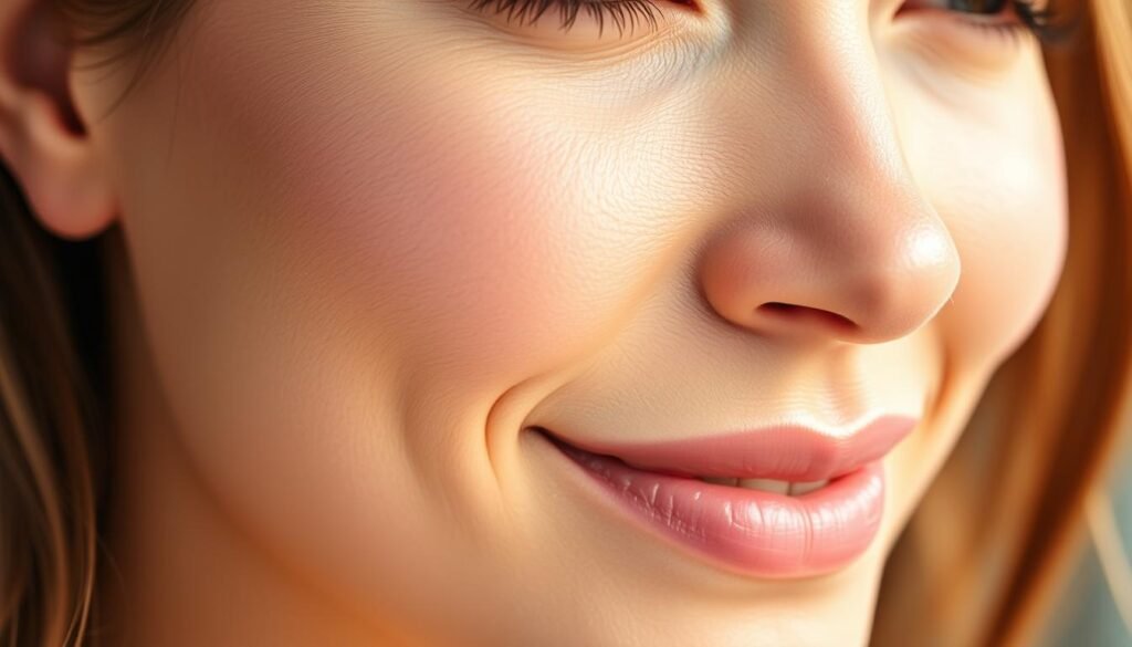 A close-up portrait of a woman's healthy, glowing skin. Soft, even-toned complexion with a natural radiance. Smooth, supple texture with a subtle dewiness. Minimized pores and blemishes, creating a flawless, youthful appearance. Warm, diffused lighting from the side, accentuating the skin's luminosity. Slight smile, conveying a sense of confidence and well-being. Crisp, high-resolution detail that captures the intricate beauty of healthy, vibrant skin. أفضل روتين للعناية بالبشرة الطبيعية - بشرة صحية ونضرة