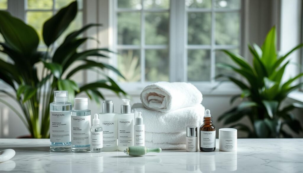 A serene, minimalist bathroom setting with natural light streaming in through large windows. The foreground features a marble vanity topped with a selection of luxurious skincare products - facial cleansers, toners, moisturizers, and facial tools like a jade roller. In the middle ground, a plush, white towel is neatly folded, complementing the clean, spa-like aesthetic. The background showcases lush, green plants, adding a touch of nature and tranquility to the scene. The lighting is soft and diffused, creating a calming, therapeutic atmosphere perfect for a daily skincare routine.