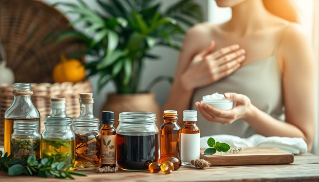 A serene scene of a morning skincare routine featuring natural ingredients. In the foreground, an array of glass jars and bottles filled with organic extracts, oils, and botanicals, arranged neatly on a wooden surface. In the middle ground, a woman's hands gently massaging a creamy, fragrant moisturizer into her glowing, radiant skin. The background is softly blurred, creating a sense of tranquility, with muted tones and natural textures, such as woven baskets and lush, verdant leaves. Soft, diffused lighting casts a warm, golden glow, accentuating the natural beauty of the scene. The overall atmosphere is one of mindfulness, self-care, and a celebration of the power of nature-based skincare.