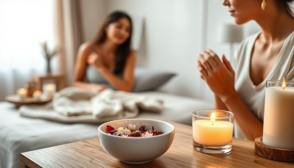 A serene scene of a nighttime skincare routine for a natural complexion. In the foreground, a porcelain bowl filled with delicate flower petals and essential oils sits on a wooden vanity, casting a soft, warm glow. In the middle ground, a woman's hands gently massaging a rich, nourishing cream into her glowing, healthy skin. The background is a tranquil, minimalist bedroom with muted tones and natural textures, creating a calming, spa-like atmosphere. Soft, diffused lighting illuminates the scene, highlighting the tranquility and self-care of the evening ritual. The overall mood is one of relaxation, rejuvenation, and a holistic approach to maintaining a radiant, natural complexion.